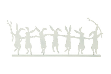 silhouettes in row of white wooden rabbits. Easter decoration. isolated white background