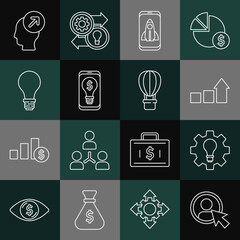 Set line Create account screen, Light bulb and gear, Financial growth, Startup project concept, with dollar mobile, of idea, Head hunting and Hot air balloon icon. Vector