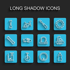 Set line Bicycle air pump, Unicycle or one wheel bicycle, Wrench spanner, Sport bottle with water, shoes, Tool allen keys and lock icon. Vector