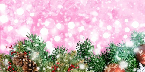 Snowy Fir branches With Christmas Light and snowflakes