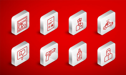 Set line Censor and freedom of speech, Poll document, Police officer, car flasher, Pepper spray, Broken window, Pistol gun and Protest icon. Vector