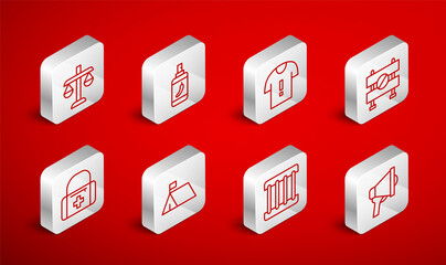 Set line Megaphone, Pepper spray, T-shirt protest, Road barrier, Prison window, Scales of justice, Protest camp and First aid kit icon. Vector