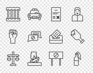Set line Scales of justice, Cocktail molotov, Poll document, Burning car, Prison window, Speech bubble chat, Protest and Broken bottle as weapon icon. Vector