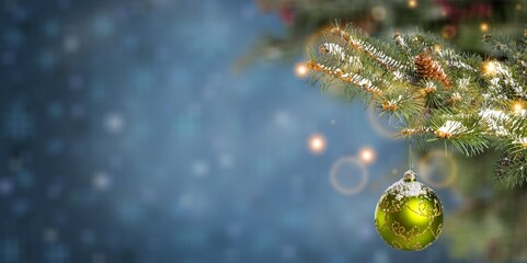 Banner with Christmas ball decoration on fir branches