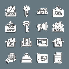 Set line House contract, Search house, Hanging sign with Rent, Warehouse, key, For, Sale and Megaphone icon. Vector