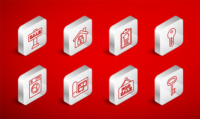 Set line House key, under protection, contract, Hanging sign with For Sale, plan and Washer icon. Vector