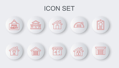 Set line Garage, Location with house, House, under protection, Hanging sign For Rent, and Market store icon. Vector
