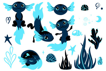 Vector set with blue black axolotls, seaweed, rocks, bubbles, stars for children design