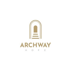 Archway with stairs Religion Logo abstract design vector template.Hope Logotype concept icon Negative space style.