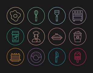 Set line Ice cream, Coffee cup to go, Spatula, Cook, Jam jar, Scrambled eggs, Homemade pie and Kitchen whisk icon. Vector