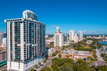 Fototapeta premium Panorama of city downtown St Petersburg Florida. Cityscape with Skyline or skyscrapers buildings. State Florida. Deep blue sky. Aerial photography