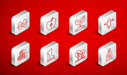 Set line Pack full of seeds of plant, Apple, Plant, Scarecrow, Tree, Chicken egg in box, Waterproof rubber boot and Roll hay icon. Vector