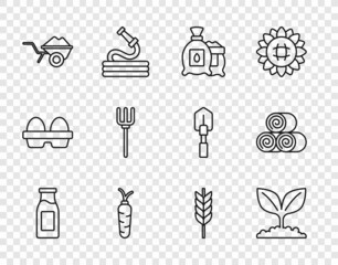 Set line Bottle with milk, Plant, Pack full of seeds of plant, Carrot, Wheelbarrow dirt, Garden pitchfork, Wheat and Roll hay icon. Vector