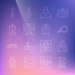 Set line Medieval goblet, Muslim woman in hijab, Rosary beads religion, Star and crescent, Ramadan Kareem lantern, Arabian saber and Donate or pay your zakat icon. Vector