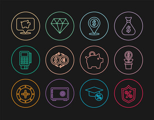 Set line Loan percent, Dollar plant, Cash location, Money exchange, POS terminal with credit card, Piggy bank, and Diamond icon. Vector