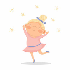 Cute dancing girl and pink dress, white background