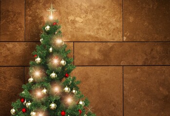 Elegant Christmas spruce, fir tree with warm sparkling garland lights. Christmas, New Year holidays celebration