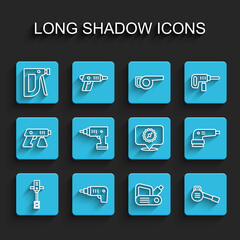 Set line Electrical hand concrete mixer, cordless screwdriver, Construction stapler, planer tool, Leaf garden blower, sander and Circular saw blade icon. Vector