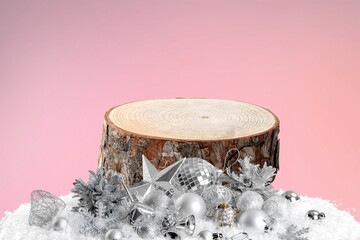 Empty round podium or stage for product display in snow with baubles for Christmas or winter season