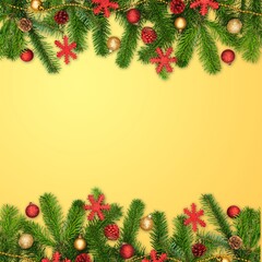 Naklejka na ściany i meble Christmas festive background frame with greenery, decorations.