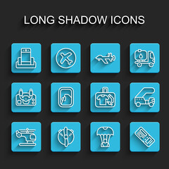 Set line Helicopter, Plane propeller, Metal detector in airport, Parachute, Airline ticket, Airplane window, Passenger ladder and Suitcase icon. Vector