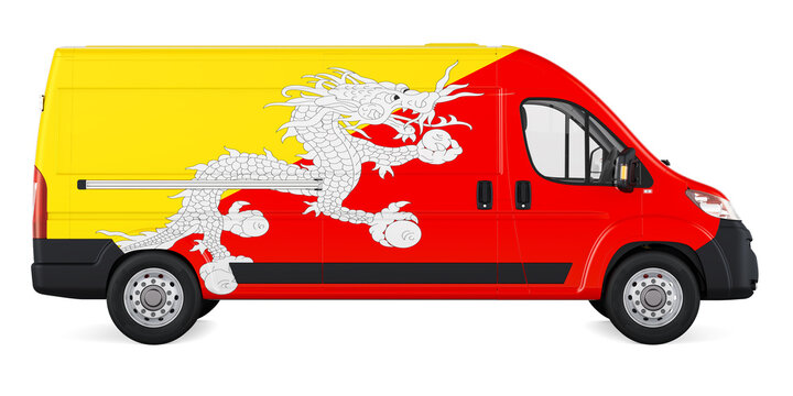 Bhutanese flag painted on commercial delivery van. Freight delivery in Bhutan, concept. 3D rendering