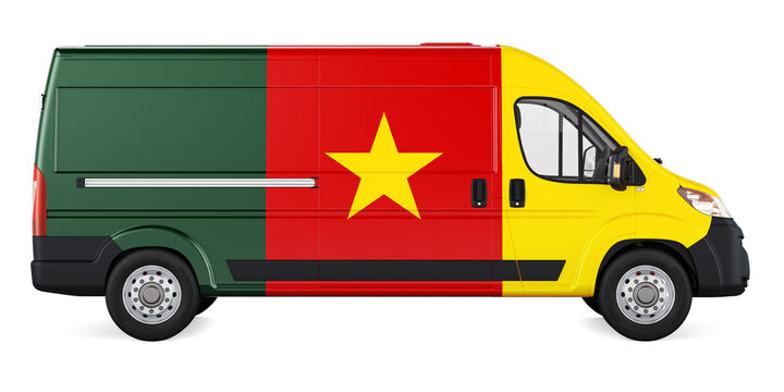 Cameroonian flag painted on commercial delivery van. Freight delivery in Cameroon, concept. 3D rendering
