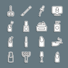 Set line Broken nail, Nail manicure, Tube of hand cream, Pipette with oil, Bottle polish, Milling cutter for, scissors and icon. Vector