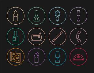 Set line Manicure lamp, Nail file, Cosmetic bag, Bottle of nail polish, manicure, Cuticle pusher and icon. Vector