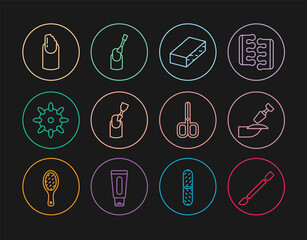 Set line Cuticle pusher, Milling cutter for manicure, Nail file, False nails, Broken, scissors and icon. Vector