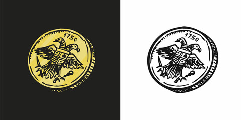 Ancient coin or money. Cash reward. Engraved hand drawn in old sketch, vintage style.