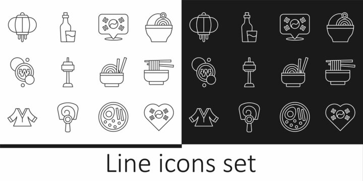 Set line Love Korea with heart, Ramen, Location South, N Seoul tower in, Korean won coin, lantern, Asian noodles bowl and Soju bottle icon. Vector