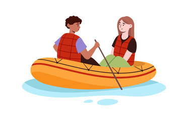 Couple in boat. Man and girl went on trip along river. Dangerous and extreme rest, adventure. Romantic date in nature, going down river. Tourists and travelers. Cartoon flat vector illustration