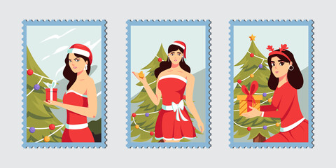 Christmas Cards with Girls Character Illustration