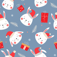 Seamless New Year pattern with rabbits. Funny cute bunnies in Santa hats with gifts, snowflakes, fir twigs. Vector graphics.