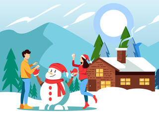 Young Couple Building Snowman Together Character Illustration