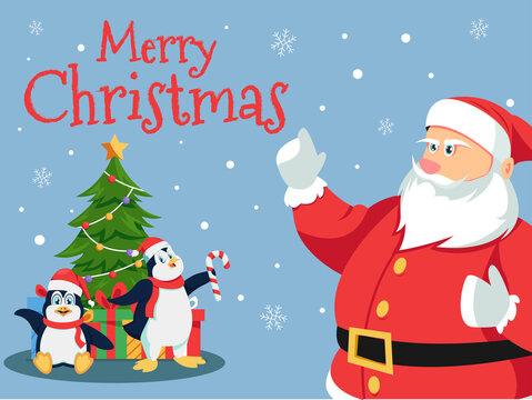 Christmas Banner with santa, penguins and christmas tree