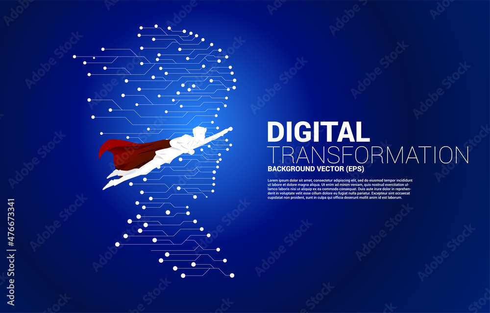 Poster silhouette of superhero fly with man head from dot connect line circuit board style . concept backgr