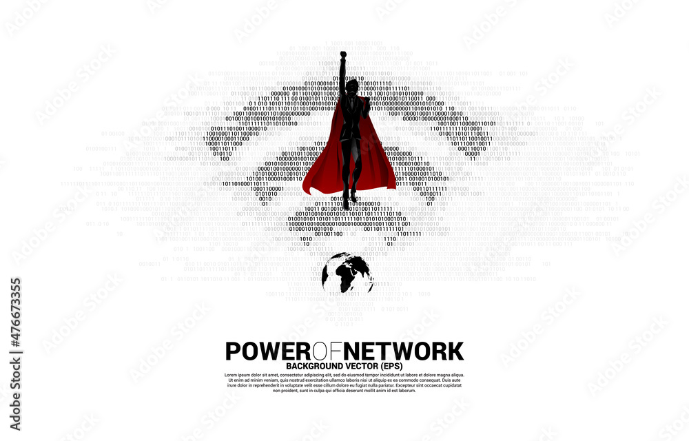 Poster silhouette of superhero fly with world with wi-fi mobile data icon with one and zero binary code matrix. Concept for data transfer of mobile and wi-fi data network.