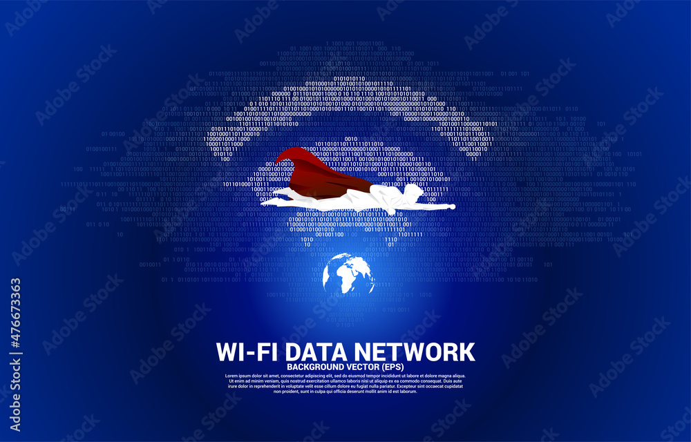 Aufkleber silhouette of superhero fly with world with wi-fi mobile data icon with one and zero binary code matrix. Concept for data transfer of mobile and wi-fi data network.