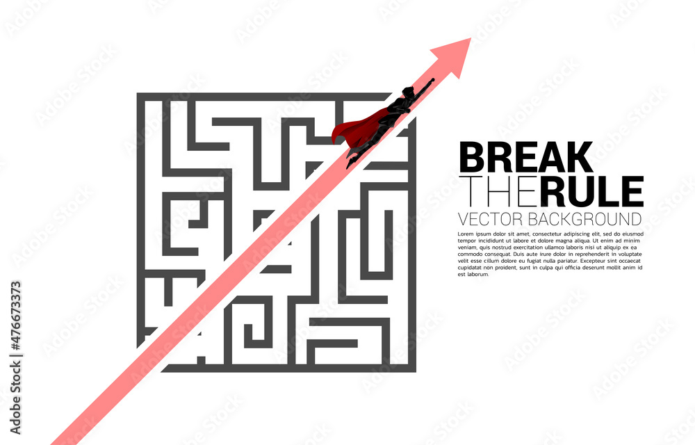 Poster silhouette of superhero fly with Red arrow route break out of maze. Business concept for problem solving and solution strategy.