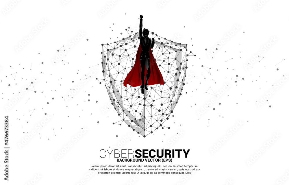Poster silhouette of superhero fly with protection shield icon from dot connect line polygon network. conce