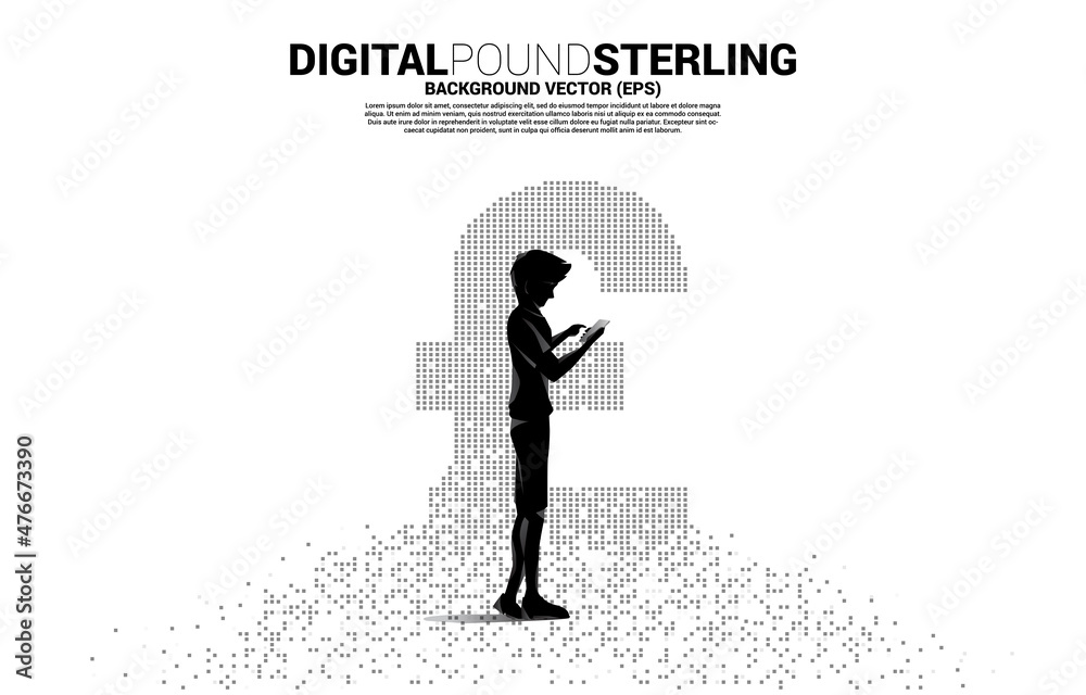 Aufkleber Vector man with mobile phone and money pound sterling currency icon from pixel transform. Concept for digital financial network connection.