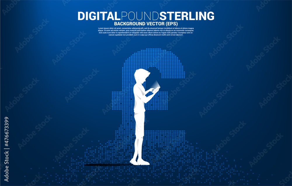 Poster Vector man with mobile phone and money pound sterling currency icon from pixel transform. Concept for digital financial network connection.