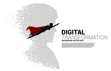 silhouette of superhero fly with head from pixel transformation . Concept background human future and technology