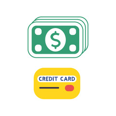 Dollar bills banknotes stack and credit card isolated flat vector icons, cash money, loan, wages funds payment or atm withdrawal.