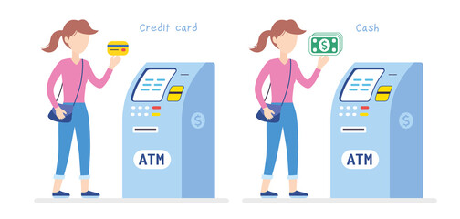 Girl or young woman holding a credit card and dollar bills banknotes and ATM bank machine isolated, cash money, loan, wages funds payment or withdrawal illustration cartoon flat vector. - obrazy, fototapety, plakaty