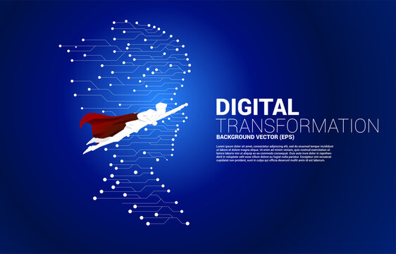 silhouette of superhero fly with man head from dot connect line circuit board style . Concept background human future and technology