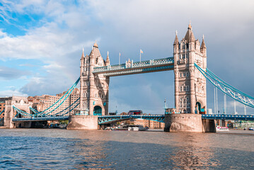Iconic Tower Bridge view connecting London with Southwark over Thames River, UK. Beautiful view of the bridge.