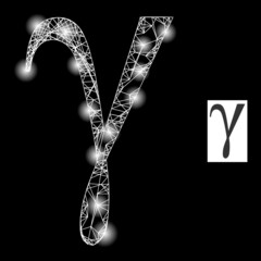 Constellation crossing mesh Gamma Greek lowercase letter icon with majestic light spots. Illuminated constellation done from Gamma Greek lowercase letter vector icon and intersected lines.